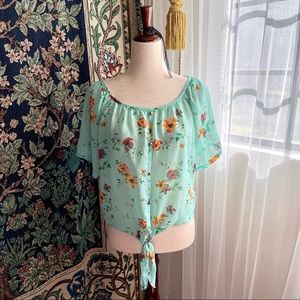 Mint / Turquoise Floral Print Chiffon Tie Front Blouse with Cold Shoulder
